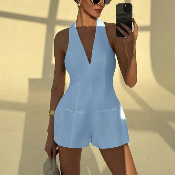 Blue Casual Women's Halter Neck Deep V-Neck Bodycon Flared Leg Short Jumpsuit - Picture 6 of 7
